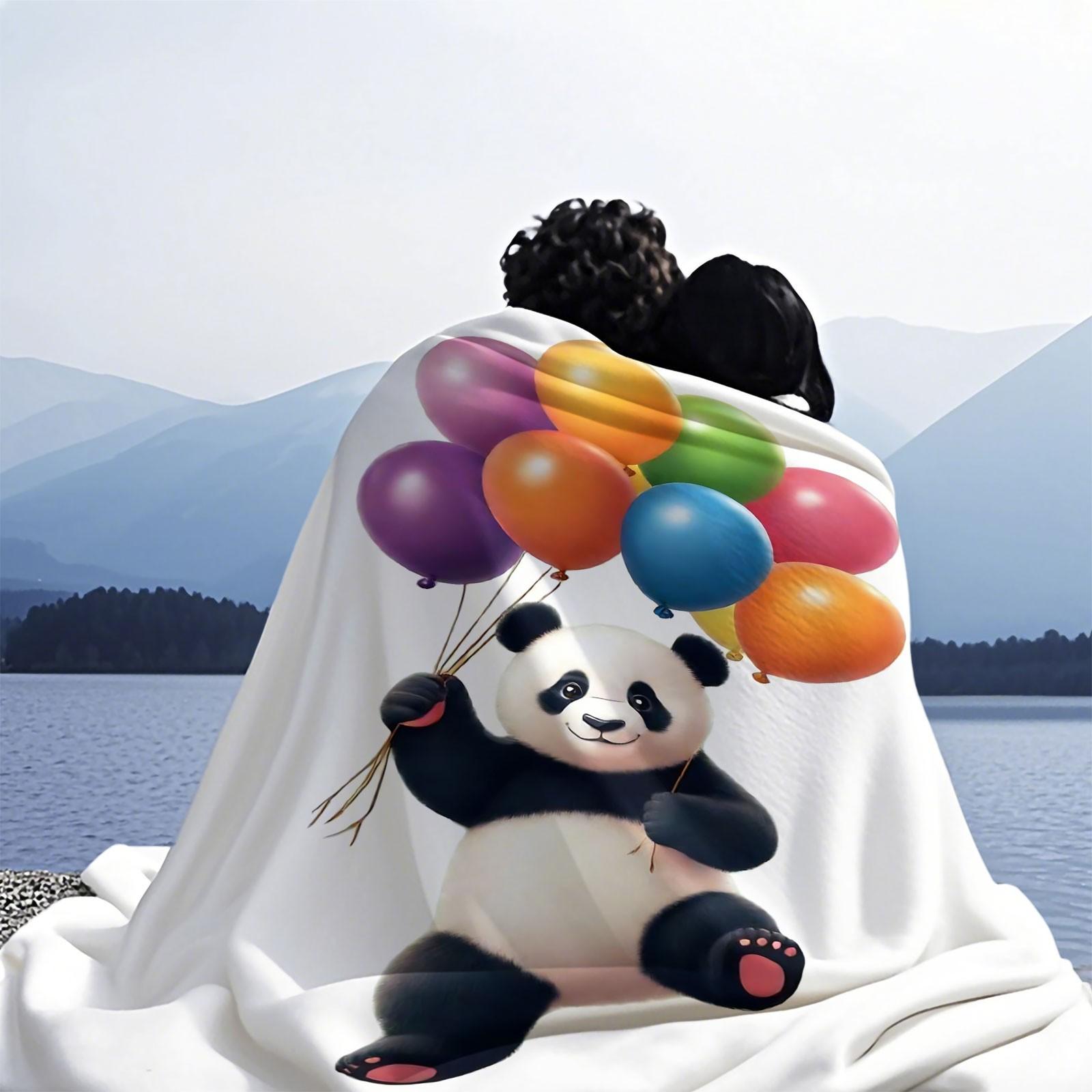 Cute Panda Holding Colorful Balloons Flannel Blanket, Fun Cartoon Animal Print Throw Blanket, Ultra Soft Cozy Warm Blanket, Cheerful Gift Blanket for Kids, Panda Lovers, Couch & Bed