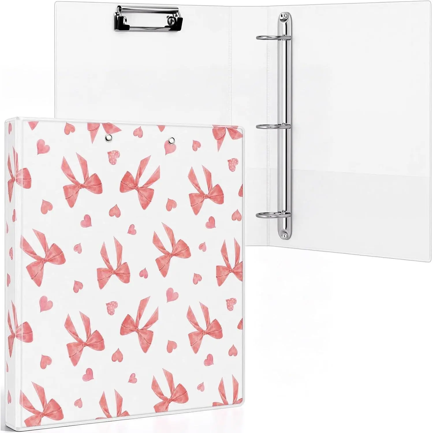 Pink Bow 3 Ring Binder 1.5 Inch with Clipboard Interior Pockets, Cute Preppy Round Ring Binder for Office Supplies & File Folder Organization