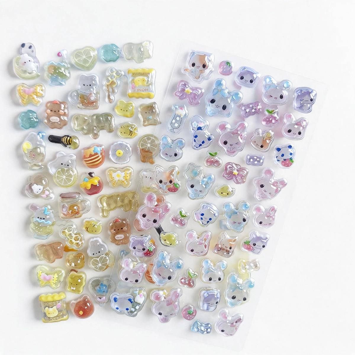 Cartoon 3D Embossed Crystal Sticker, Mixed Color Resin Self-Adhesive Decal, DIY Decoration for Journals, Phone Cases, Notebooks, Semi-Bulk Gifts, Mobile Phone Accessory, Cellphone Accessory