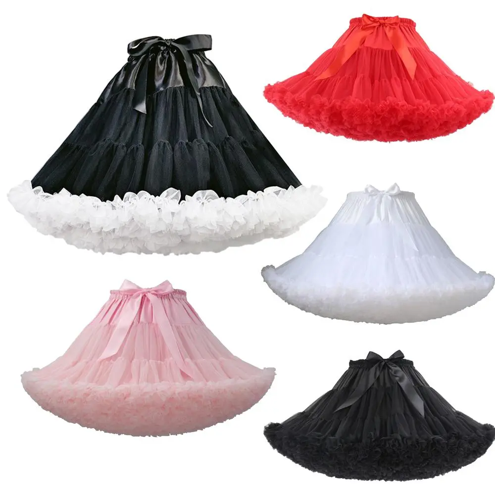 Women's 3-Layered Pleated Tulle Petticoat - Cute Geometric Puffy Skirt for Party, Cosplay (White 45 cm, Black and White, Pink 40 cm)