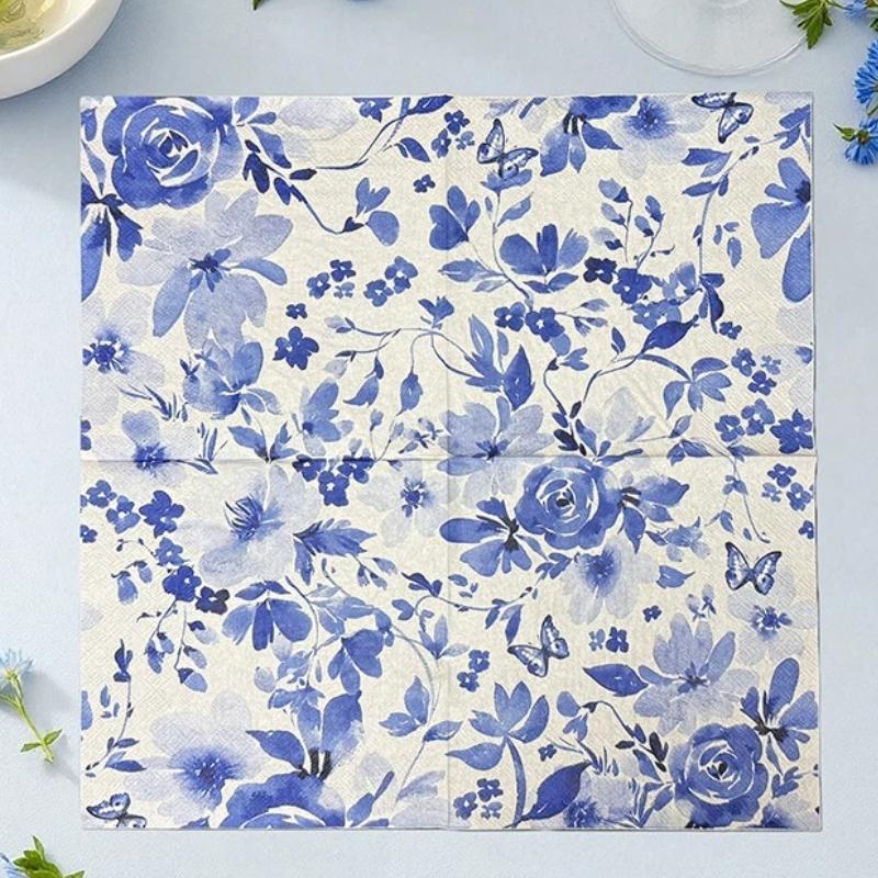 Blue Floral Bird Pattern Napkins, 2 Packs (20 Sheets/pack), Traditional Style Disposable Napkins for Wedding Party Decorations