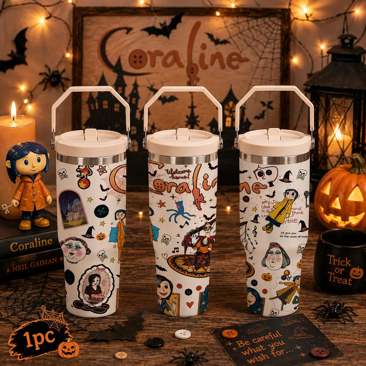 1pc 30oz Stainless Steel Tumbler with Lid and Straw, Coraline Dark Fantasy Cartoon Style, Vacuum Insulated Thermal Cup, Keep Hot 12H / Cold 24H, Creepy Cute Travel Mug for Movie Fans, Unique Gift for Horror Aesthetic Lovers and Animation Enthusiasts