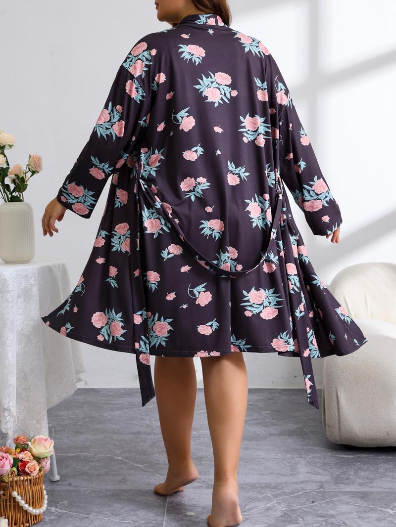 【Plus Size】 Floral Print Cami Nightdress & Bathrobe Set, Casual Soft Comfortable Nightdress & Long Sleeve Dressing Gown, Women's Sleepwear for All Seasons, Casual Comfy Nightdress
