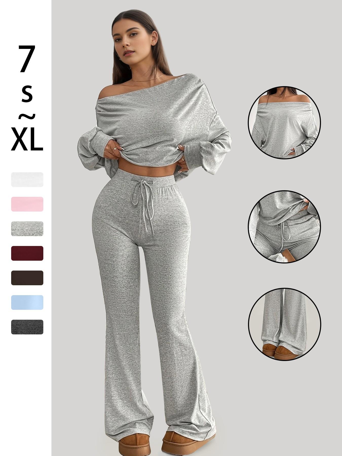 One Shoulder Long Sleeve Loose Crop Top and High Waisted Drawstring Skinny Vintage Bell Bottoms, Yoga Fitness Workout Gym Clothing, Fall & Winter