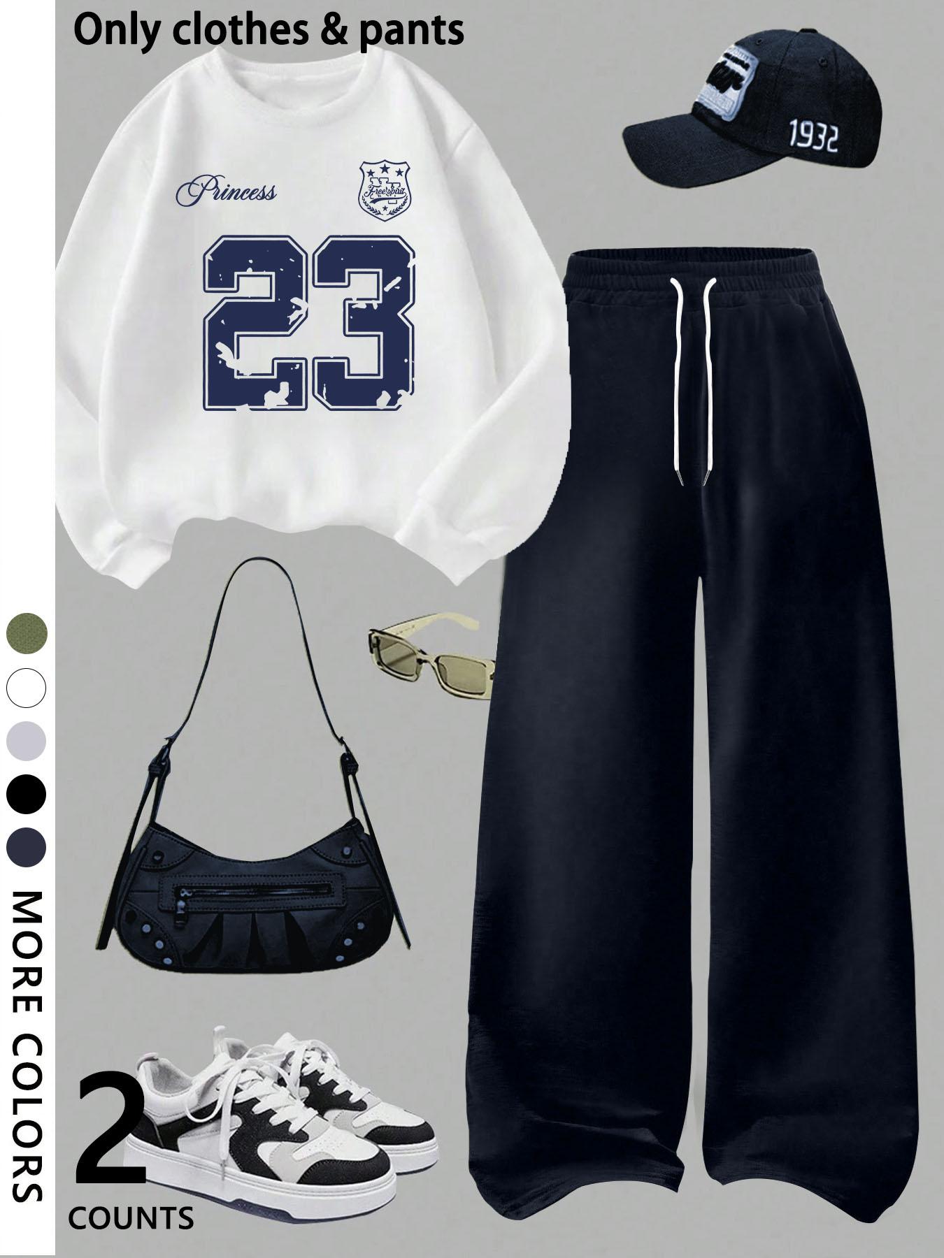 Girls' casual cool Graphic pattern print round neck pullover sweatshirt top and loose casual wide-leg pants, military green fashion dress, suitable for daily and going out Girls' casual cool Graphic pattern print round neck pullover sweatshirt top and loose casual wide-leg pants, military green fashion dress, suitable for daily and going out