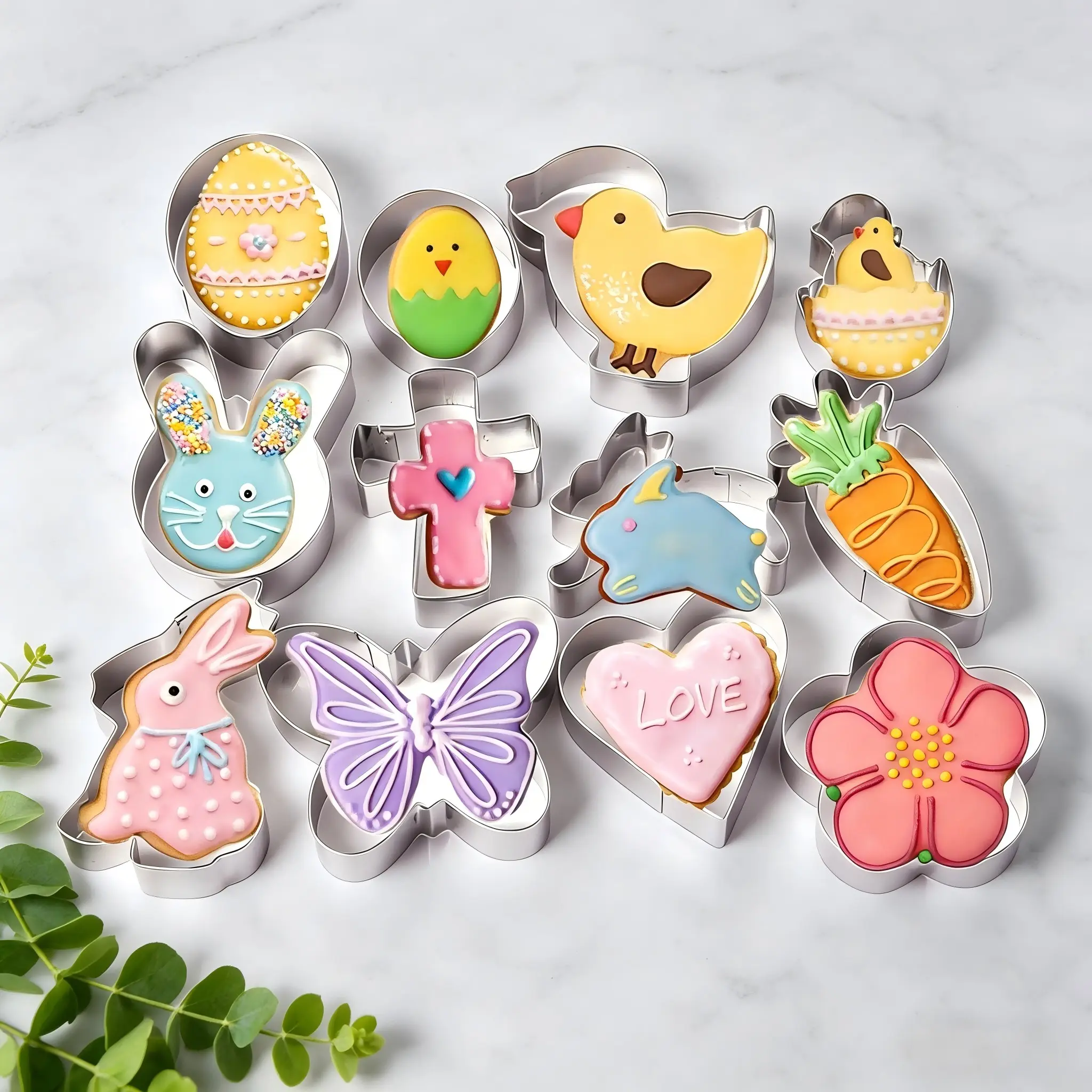 12PCS Easter Cookie Cutter Set Food Grade Stainless Steel with Storage Box Bunny Egg Carrot Chick Butterfly for Kids Spring DIY Baking Party Cake Decor Durable Easy Clean Fruit Fondant Sandwich Baking Tool