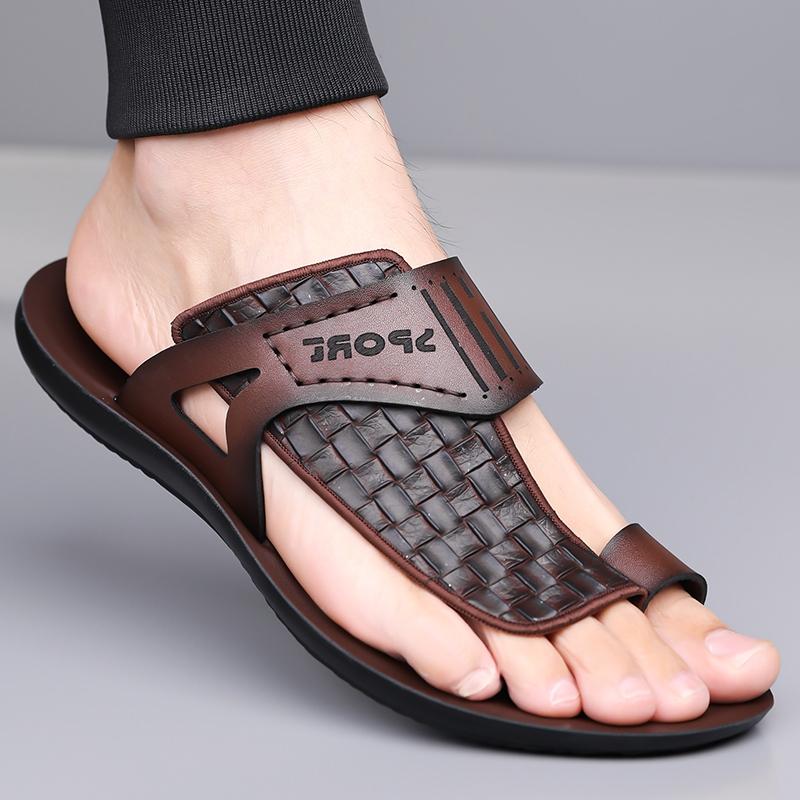 Men's Summer New Sandals, Letter Print Straw Texture, Trendy Anti-Slip Thin Sole, Casual Beach Shoes, Fashionable and Comfortable