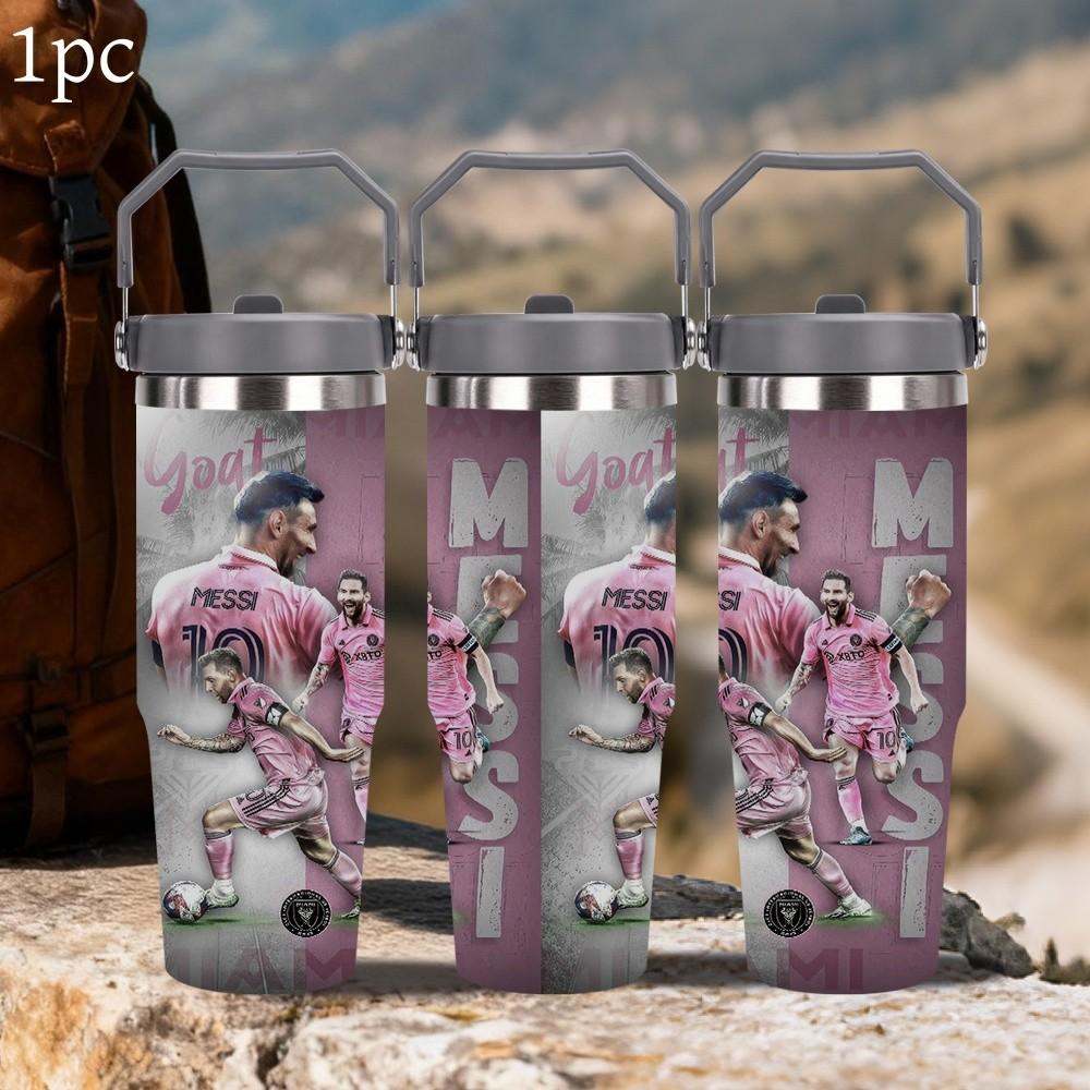 1pc 20/30oz Portable Travel Cup Featuring Dynamic Action Shots of Messi, Large Messi Stainless steel insulated water bottle with Handle, Ideal for Hot & Cold Drinks,tea and cold drinks. It is an ideal gift for fans and at social gatherings