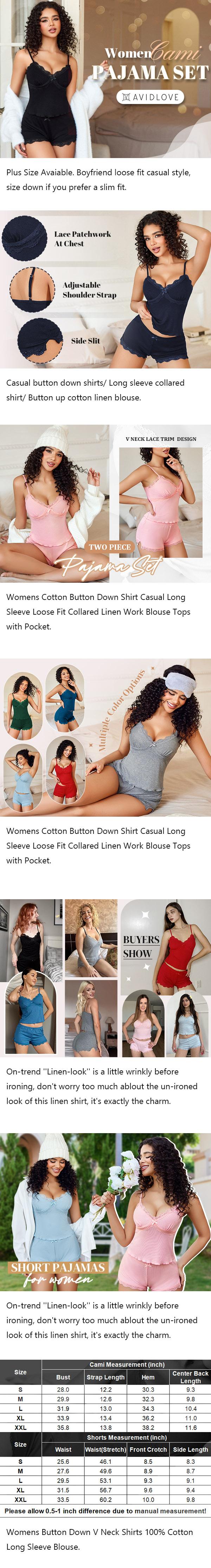 Avidlove Women Cami Pajama Set  Sleepwear V Neck Lace Trim Short PJ Set Side Slit Nightwear S-XXL SpringStatements Elastic Silky Strap Breathable