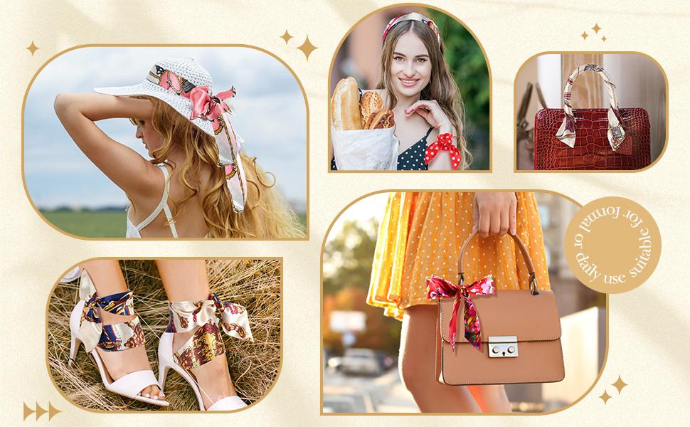 Women's Silky Satin Hair & Handbag Accessories Set - 40 Randomly Selected Items From 60 Styles, Decorative Handle Ribbons, Neckchiefs, Headbands, Material Choice for Gifting, Decorate
