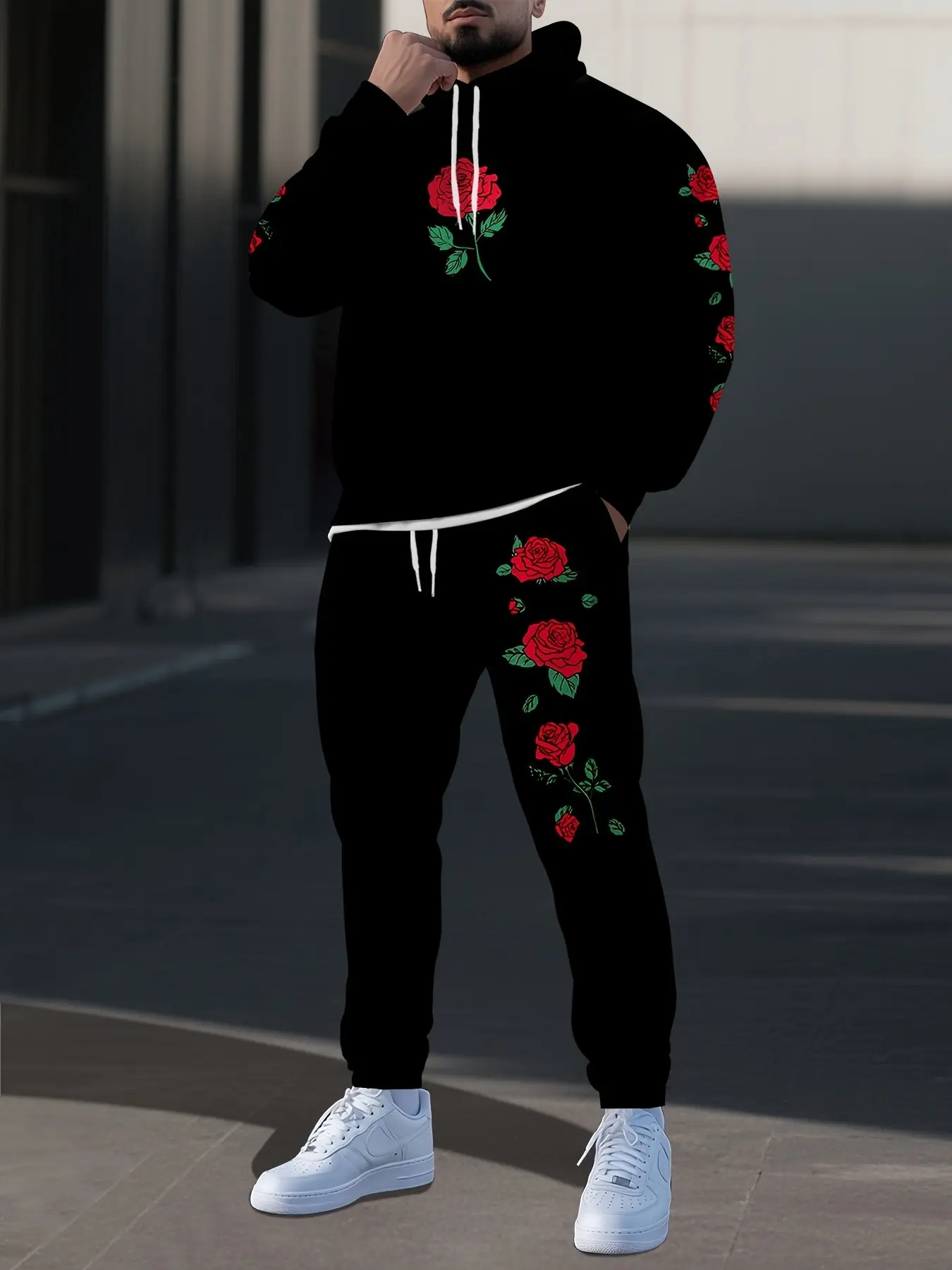 Men's Floral Embroidered Hooded Sweatshirt Set, Casual Sporty Two-Piece, Rose Pattern Trendy Fashion, Fall & Winter Wear