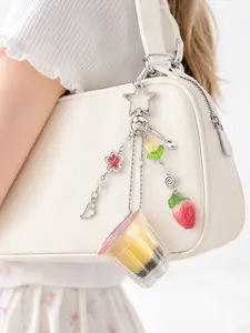 Cute Resin Pudding Cup Keychain with Strawberry Charm and Candy Beads, Kawaii Anime Style Bag Accessory for Women Teens, Fashion Purse Pendant for Backpack Phone Car Key Holder, Valentine is Day Christmas Birthday Gift for Best Friend Wife Girlfriend