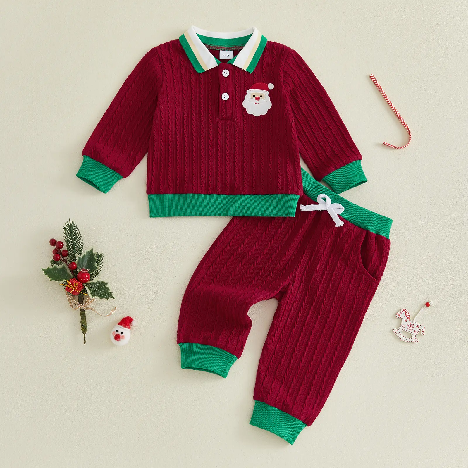 Canrulo Toddler Baby Boys Christmas 2Pcs Outfit Cable Knit Polo Collar Santa Applique Long Sleeve Tops and Drawstring Jogger Pants Fall Winter Clothes 6M‑4T