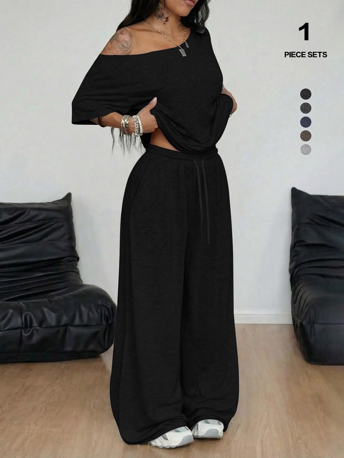 Women's 2-Piece Lounge Set, Off-Shoulder Oversized Top & Wide-Leg Pants, Soft Comfortable Drawstring Loungewear for All Seasons