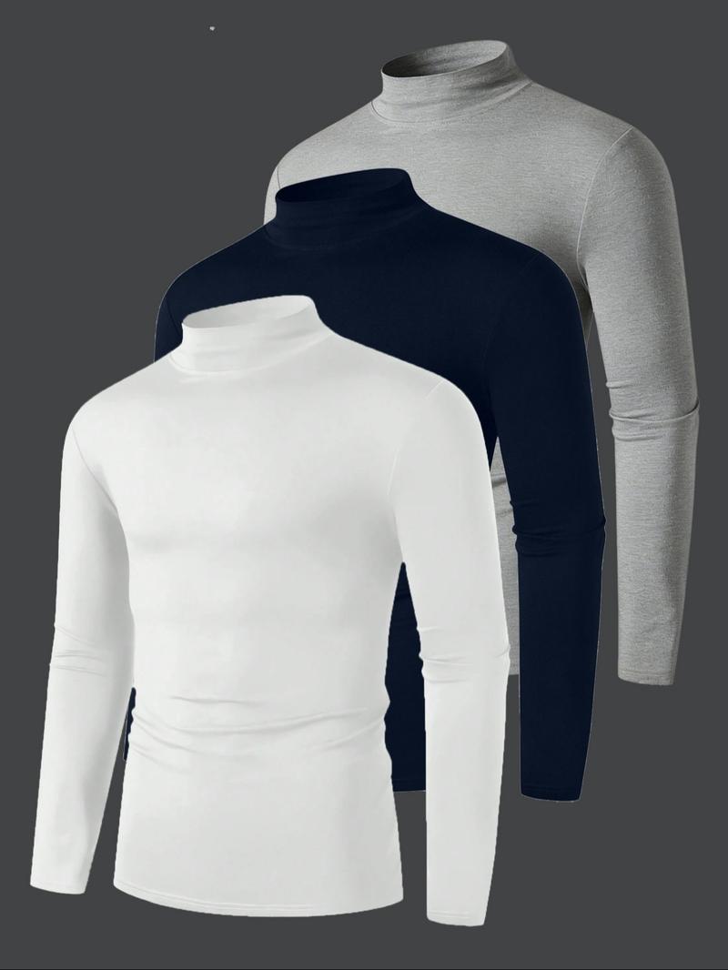 3pcs Men's Solid Color Casual Turtleneck Long Sleeve T-Shirt, Mens Fall And Winter Base Shirt, Men's Spring High Neck Shirt, Men's Summer Half High Neck Shirt, Men'S Casual Top Jacket, Suitable For All Seasons Of Casual Items