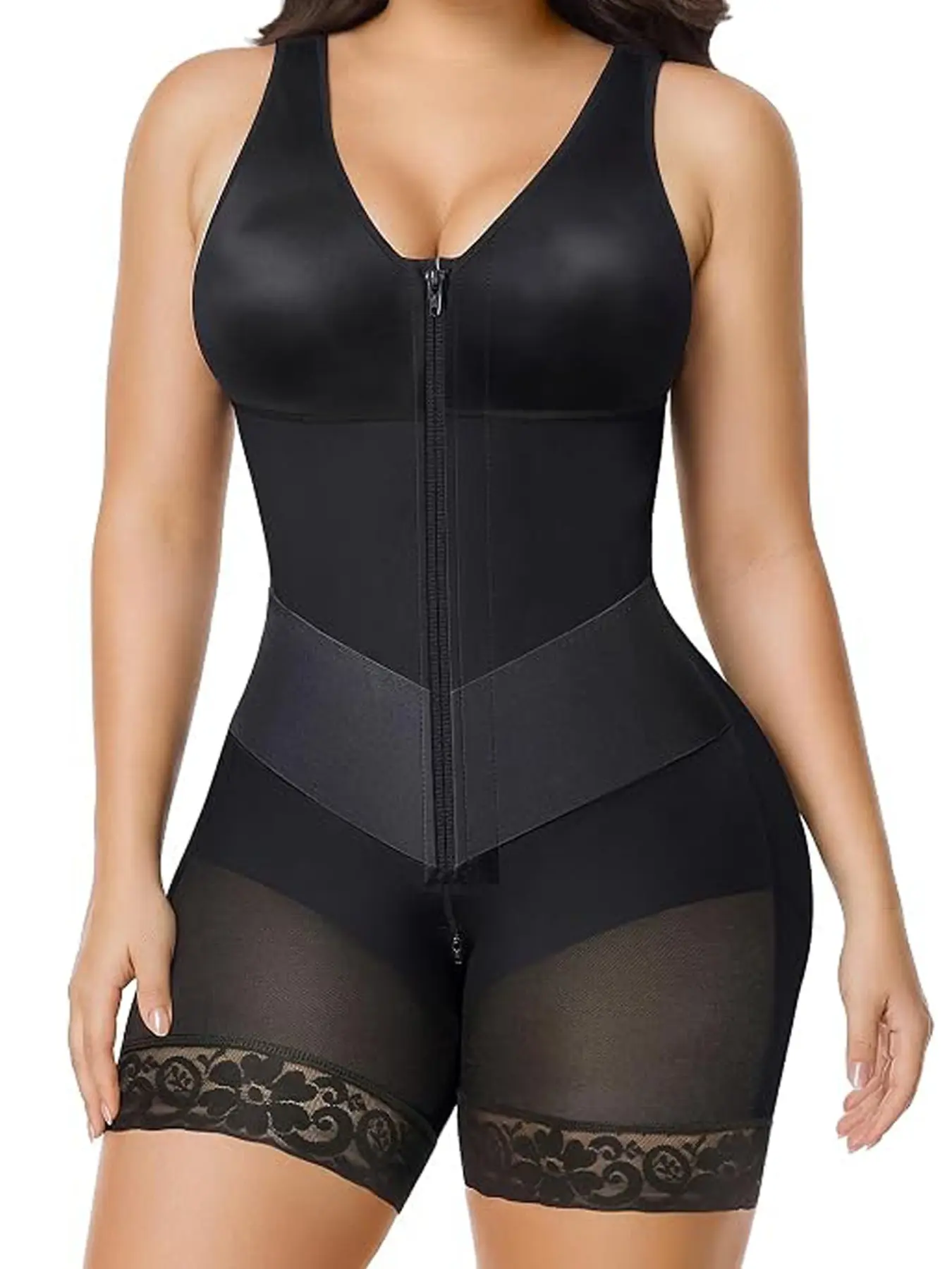 Women's Front Zipper Waist Belt Shapewear, Strong Tummy Control Butt Lifting Bodysuit, European and American Style Body Sculpting Garment, Body Shapers