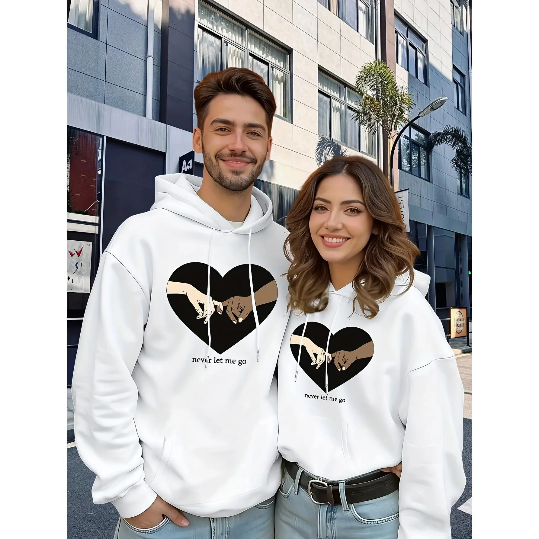 2026 Popular Couple'S Sweatshirts - Warm Hooded Tops for Fall And Winter, Trendy Geometric Love Print, Casual Unisex Outfit