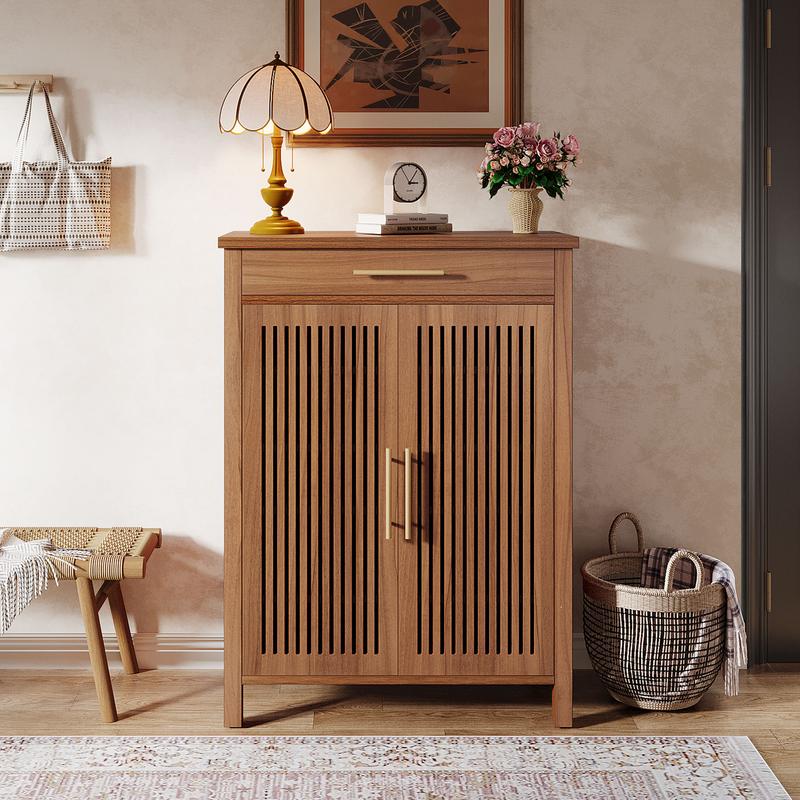 LITTLE TREE  Shoe Cabinet, 5-Tier Shoe Storage Cabinet with Louvered Doors and Drawer, Freestanding Wooden Shoe Rack Organizer with Adjustable Shelves for Entryway, Hallway, Closet(All Color With Adjustable Shelves)