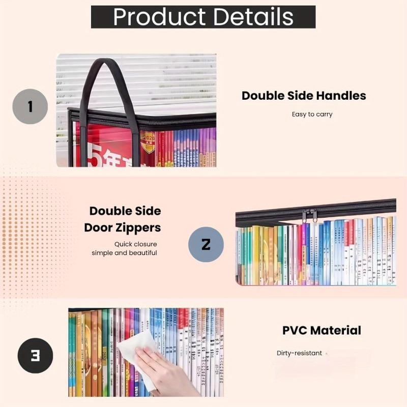 Heavy-duty transparent book storage bag - sturdy handle design, zippered folder protective cover, suitable for home, office, school and library - ideal for storing books, magazines, reports and presentations, a must-have for home organization
