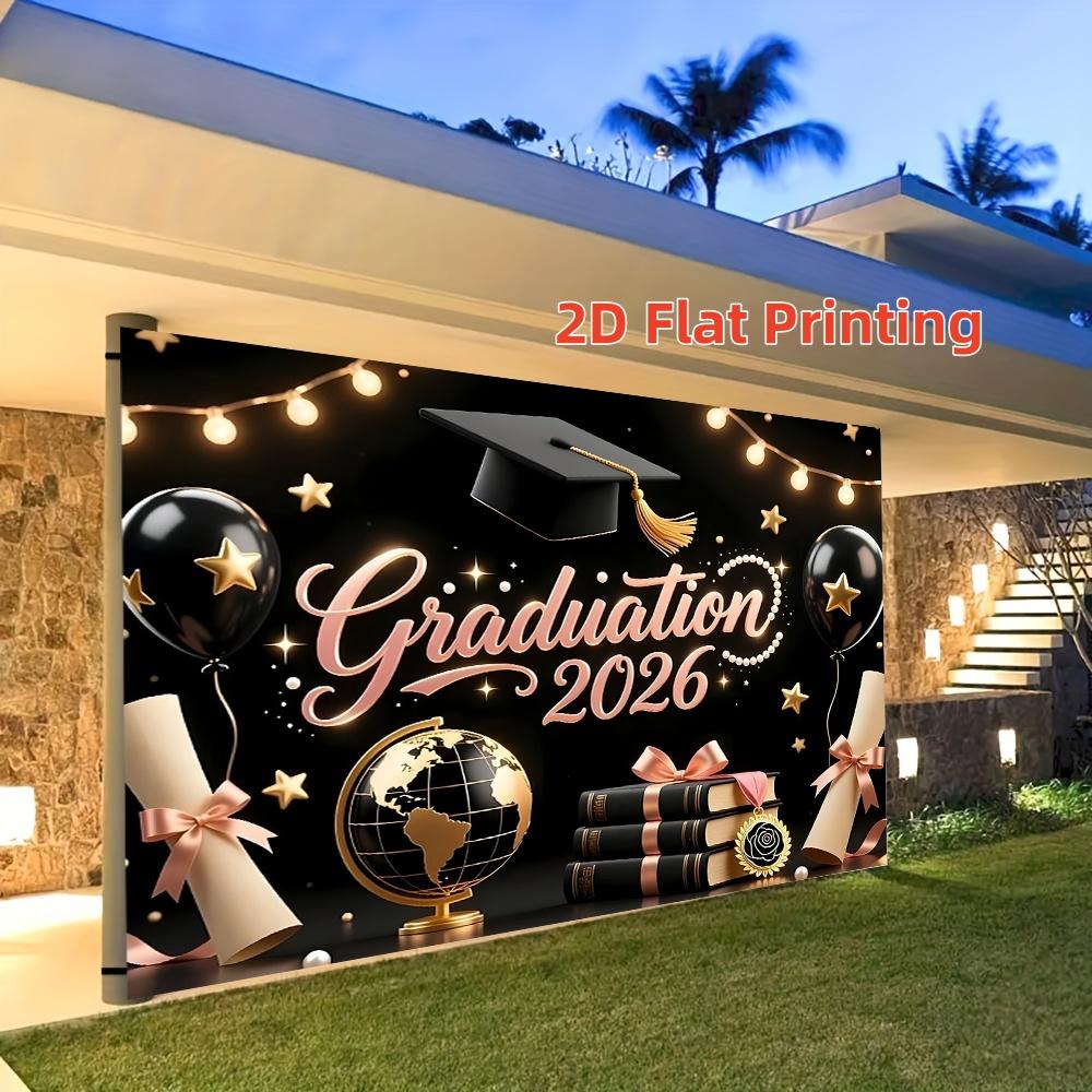 2D Flat Class of 2026 Graduation Decoration Set 1 piece banner + 3 piece door curtain set Polyester material Pink gold bachelor's hat balloon graduation banner 2026 graduation ceremony party photo hanging cloth Campus graduation season atmosphere decorati