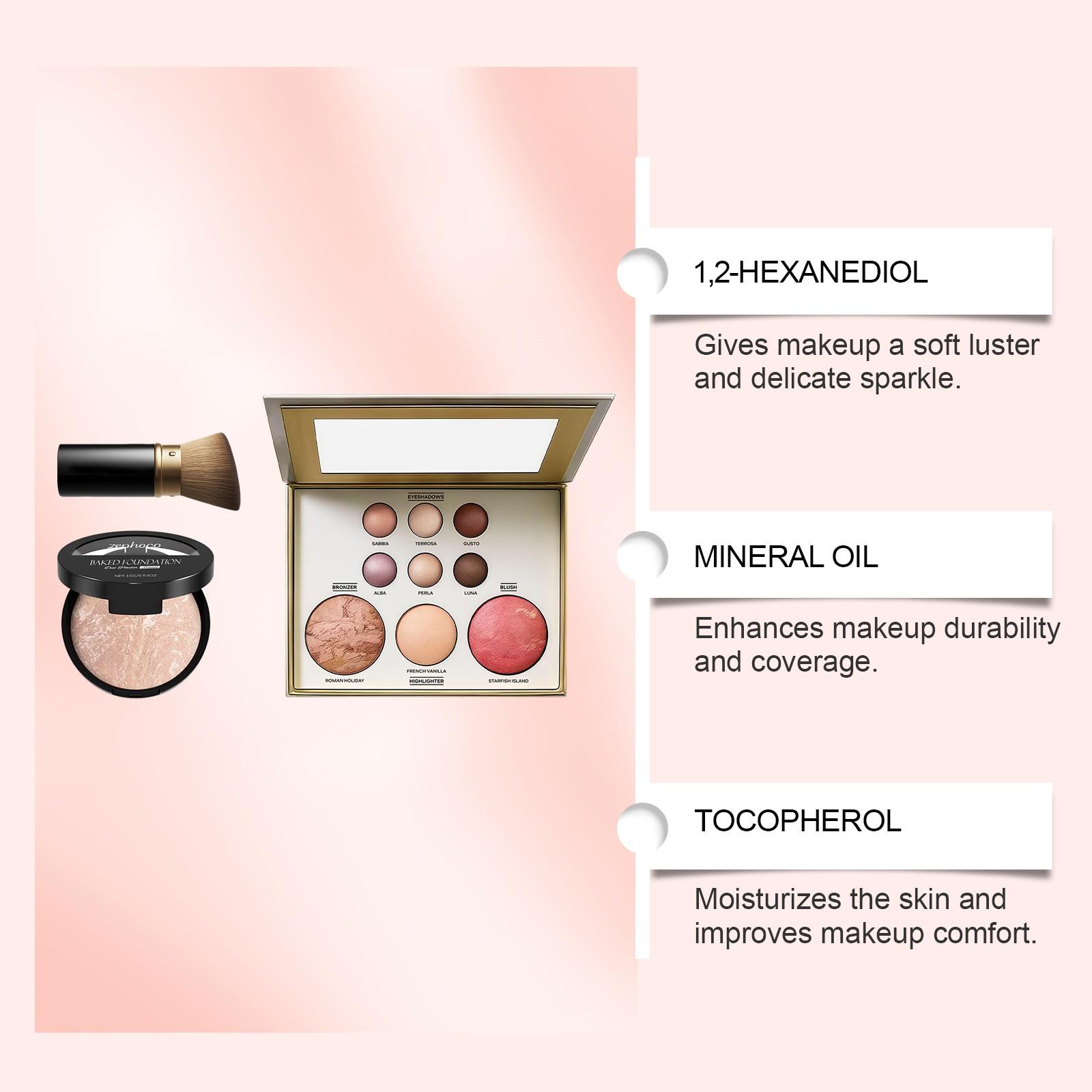 Makeup Palette Set, 4-in-1 Eyeshadow Highlighter Contour Blush with 15g Baked Foundation & Makeup Brush, Natural Long-Lasting Full Face Makeup Kit