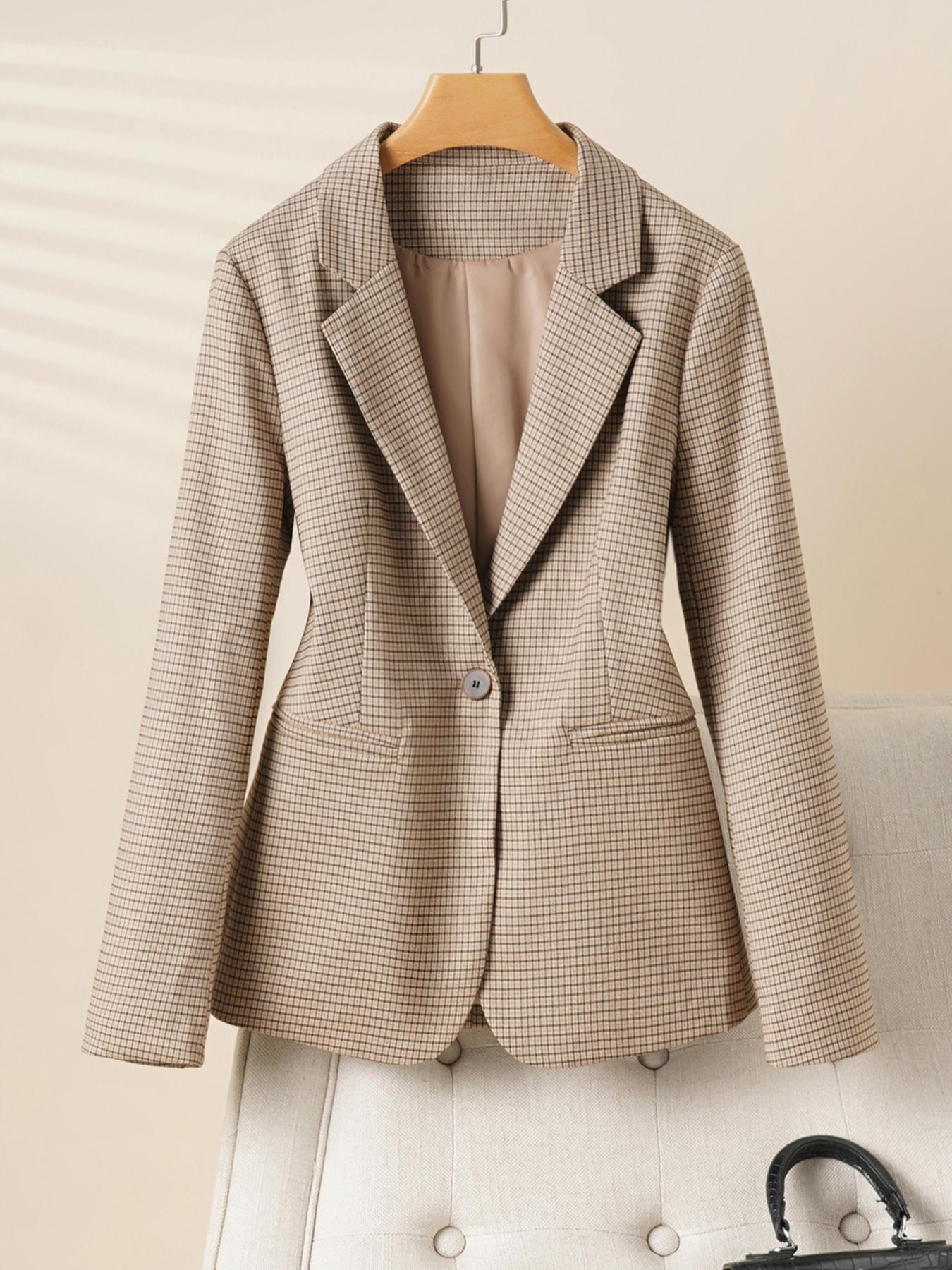 Women's Plaid Lapel Blazer Jacket, Spring & Fall Fashion Long Sleeve Office Wear, Casual Elegant Outerwear for Women, Business Attire Clothes