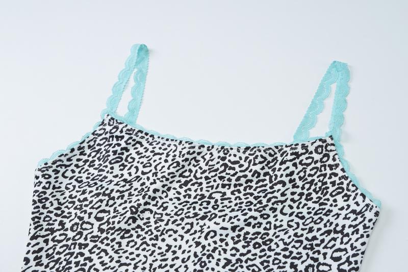 Sexy Casual Leopard Print Cami Top & Mid Waist Shorts Two Piece Set Contrast Lace Straps Trim for Women Summer Beach Vacation Outfits Party Dating Y2K Bodycon Suits