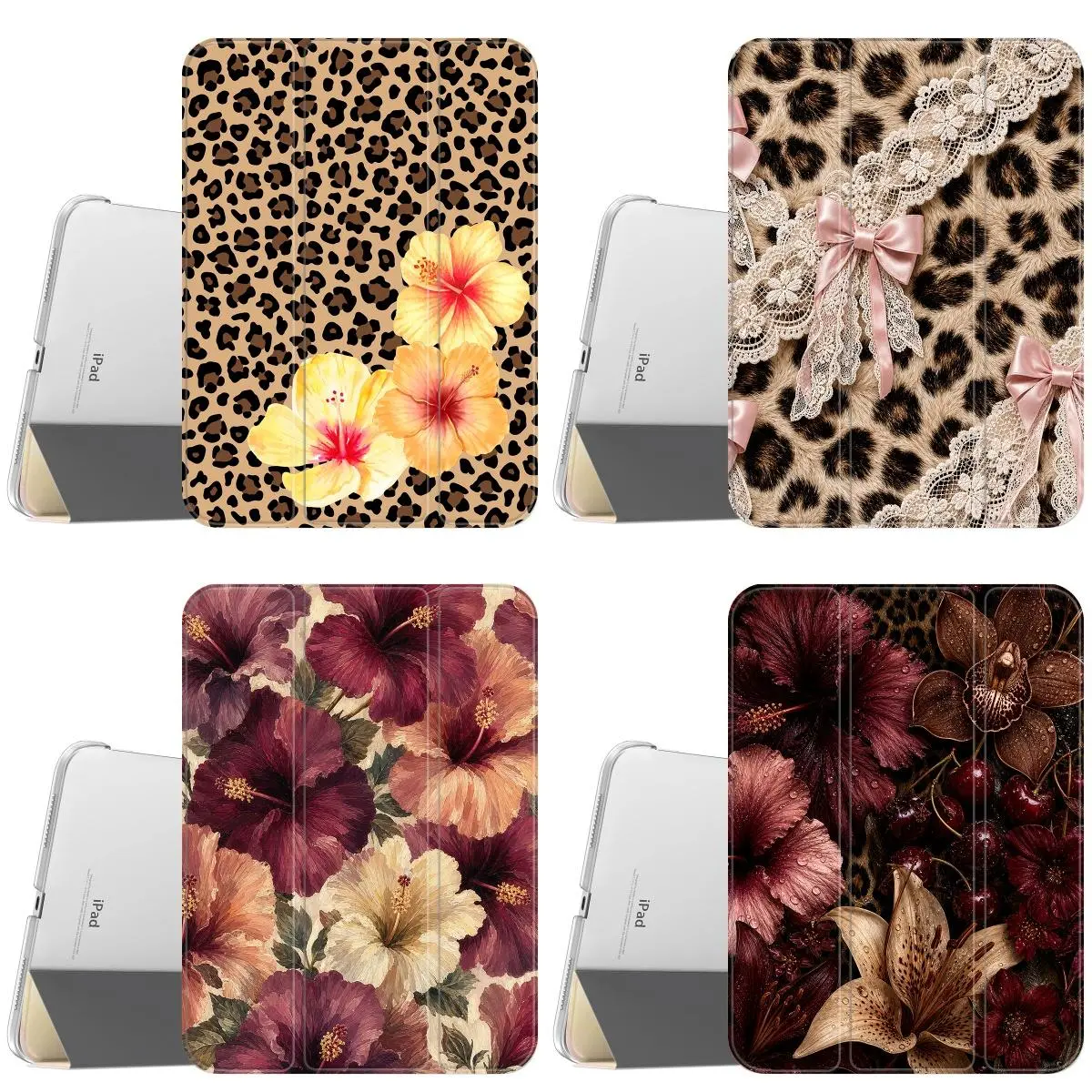 Retro Leopard Print Hibiscus Floral iPad Protective Case for iPad Pro 11/12.9, iPad Air 6/5/4, iPad 10/9/8/7, iPad Mini 7/6, Lightweight Tri Fold Lace Bow Auto Sleep Wake Tablet Cover