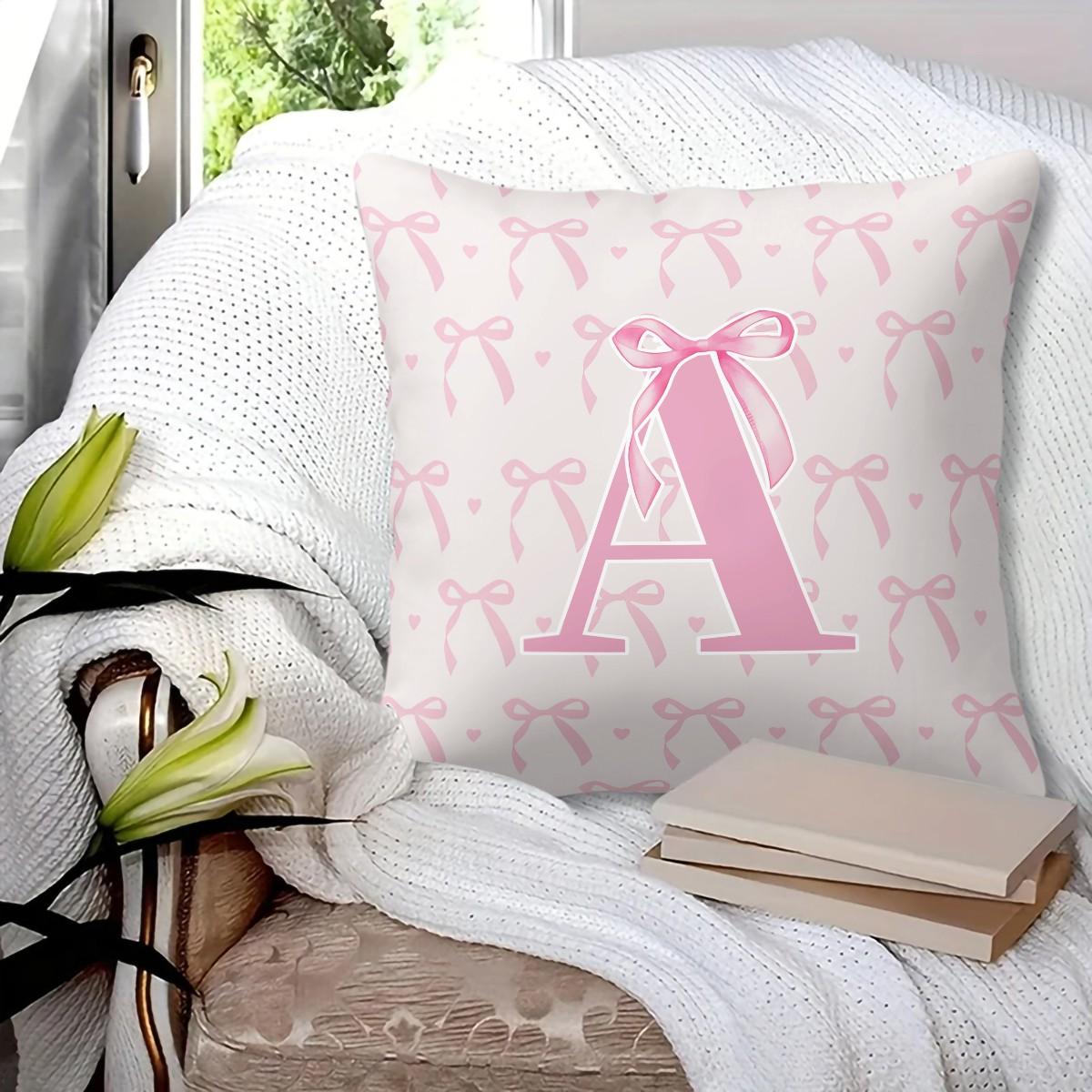 Pink Romantic Ballet Bow Full Alphabet Initial Throw Pillow with Insert, Coquette Aesthetic Decorative Pillow for Sofa, Bay Window, Patio, Cafe, All Season Use, Back Support Cushion, Ideal Housewarming Birthday Christmas Gift