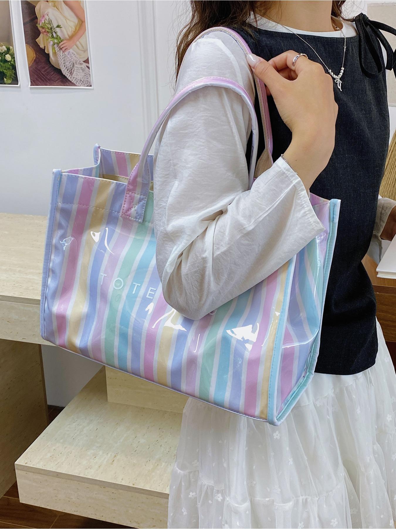 Fashion Multi Color Striped Women Tote Bag Minimalist Style PVC Shoulder Bag Daily Commute Shopping All Match Ladies Handbag For Work Daily Travel Shopping