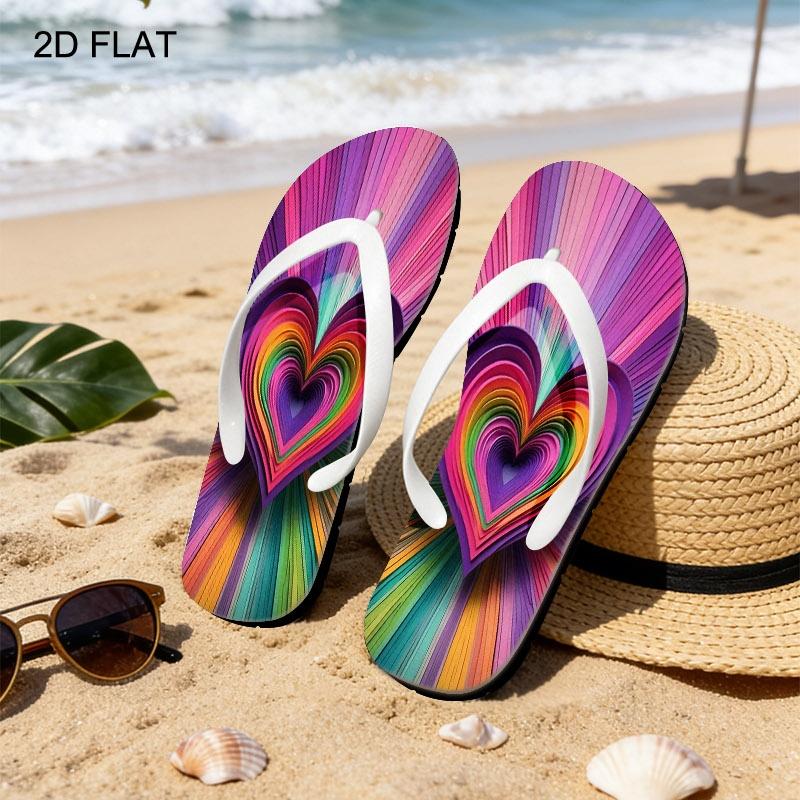 Women's Flip Flops, Rainbow Heart Style, Multiple Colors & Sizes Available, Comfortable Wear, Suitable for Summer Beach & Daily Use, Fashionable Design, Durable Material, Women Shoes