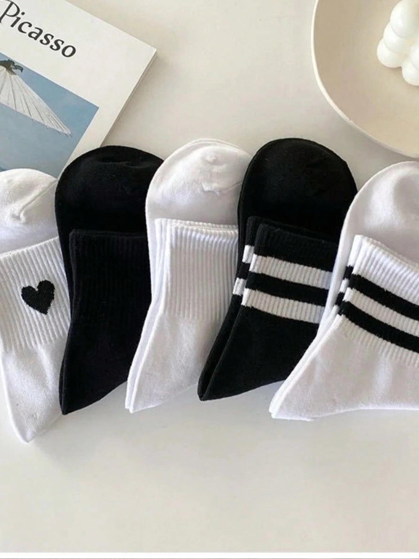 Women's Mid-Calf Socks, Striped Solid Color Heart Print Everyday Casual Sports Socks, Teenage College Style Long Socks, Comfortable Soft, All Seasons, Fit, Socks For Everyday Wear, Cozy Socks