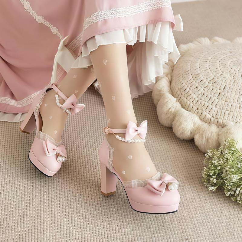 Womens Ankle Strap Lace Beads High Heel Mary Janes Bowtie Round Toe Pump Shoes Sweet Lolita Shoes
