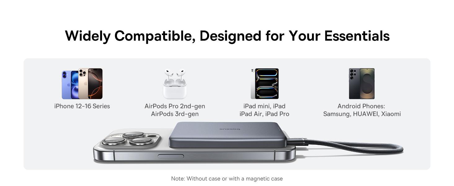 Baseus Picogo Magsafe Portable Charger, 0.5" Ultra Slim Qi2 Certified 15W Wireless Power Bank, 10000mAh 27W Fast Charging Magnetic Battery Pack with USB-C Cable for iPhone 16/15/14/13/12 Series Only