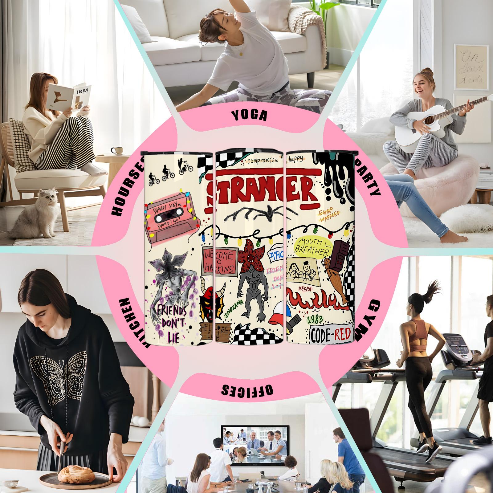 1 Pc 20oz Skinny Vacuum Cup, Tumbler, Funny Dad Tumbler, Insulated Travel Drinkware, Retro 80s sci fi doodle collage, monster art, double wall steel, leak proof lid, keeps hot 12 hours, cold 24 hours, movie fan gift, gift for friends