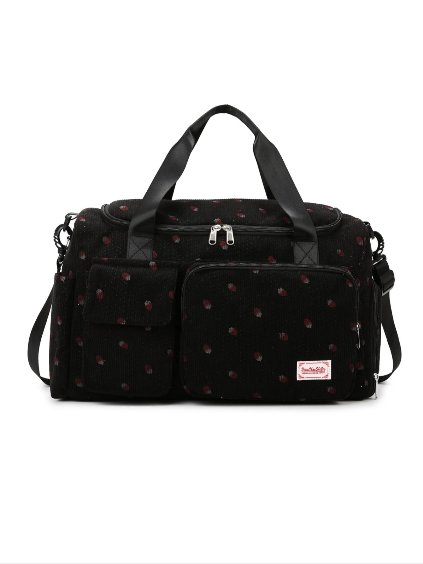 Strawberry Corduroy Handbag, Sweet Cute Style, Multi-Pocket Large Capacity, Crossbody Bag, Girl Short Trip Gym Commute Backpack