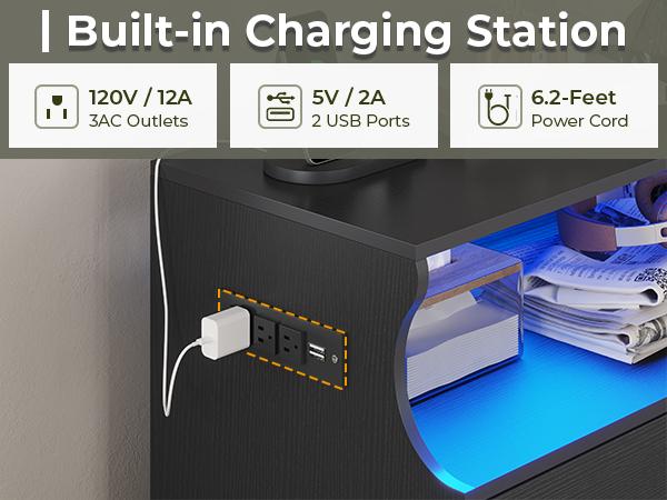 Hasuit Black Dresser with Charging Station, 4 Drawers LED Dresser for Bedroom, Chest of Drawers with Open Space, Large Capacity Tall Storage Cabinet, Black Dressers for Bedroom