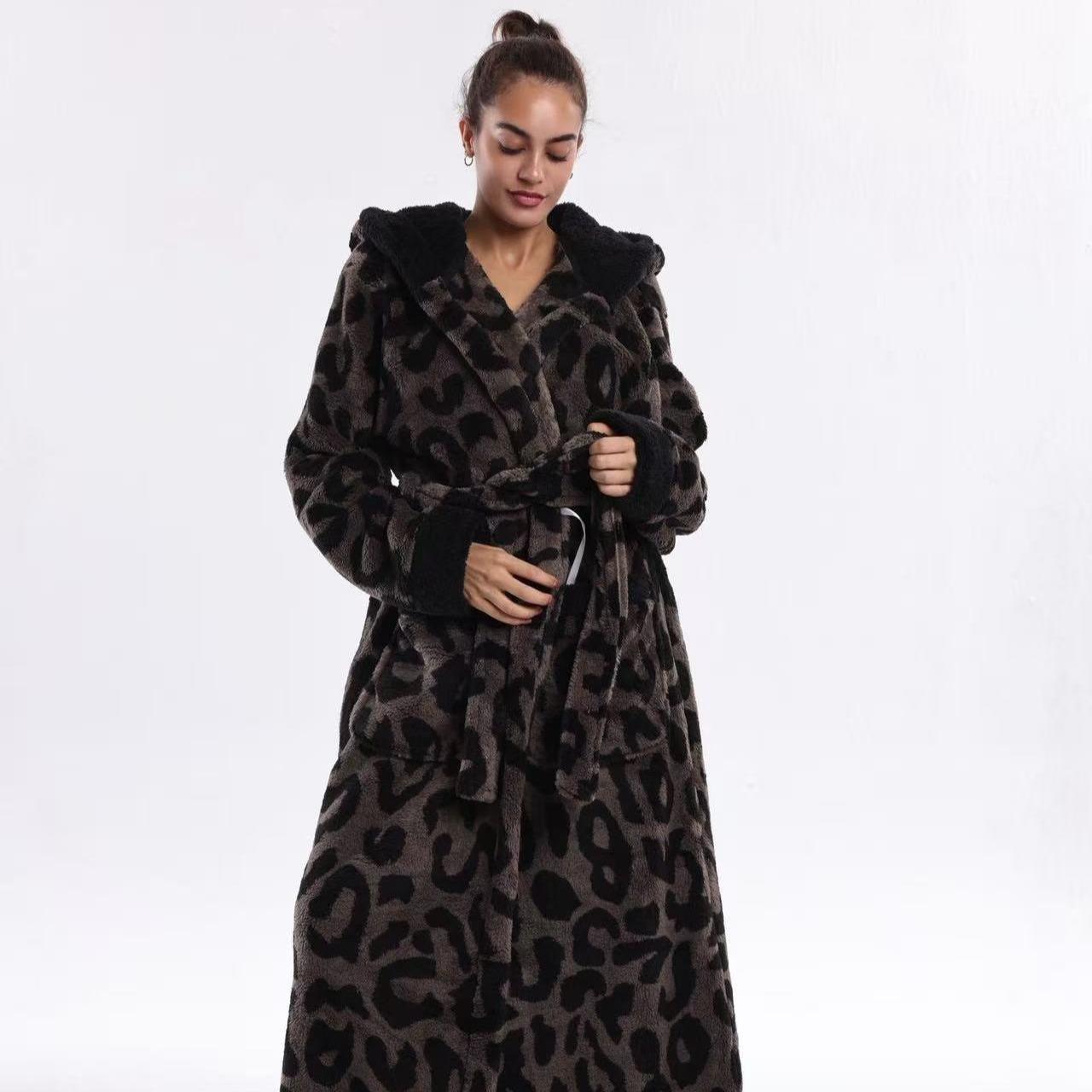 European Elegant Coffee Leopard Print Flannel Bathrobe Loungewear Nightwear, Hooded with Belt and Pockets, Unisex Fit, Soft and Comfortable