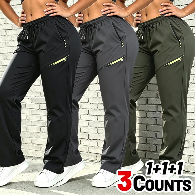 Women's straight-leg track pants, pack of three, with an elastic drawstring waistband, zip pockets, suitable for all seasons, perfect for working out, walking, and outdoor activities.