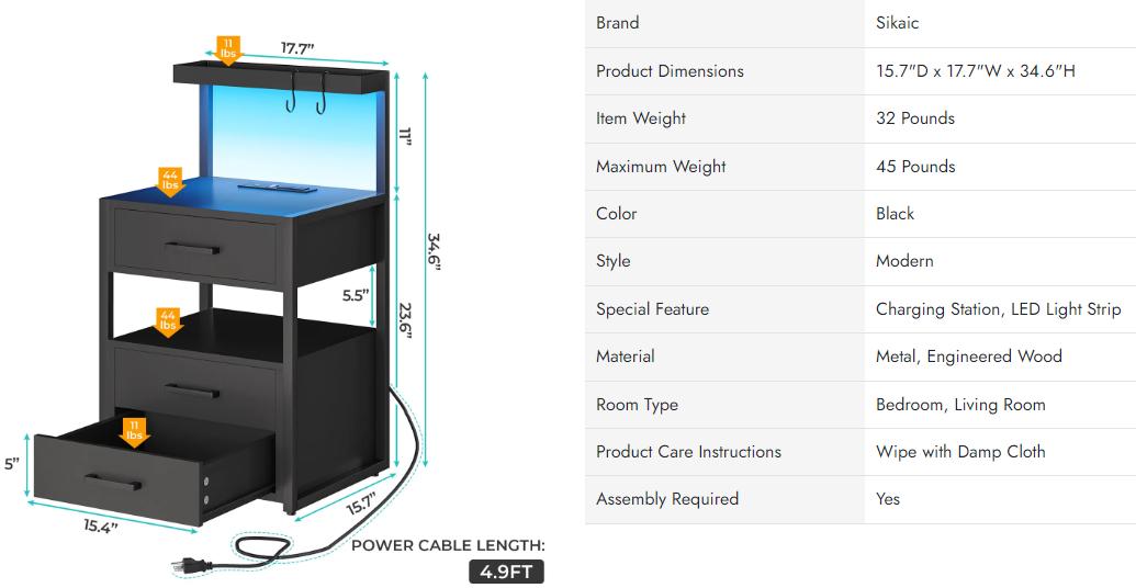 Sikaic LED Nightstand With Charging Station 2 USB Ports And 2 AC Outlets And 3 Drawers Open Storage Led Nightstand Shelf Modern Desk Bedroom Set Bedside Cabinet Lighted Vanity Table End Table