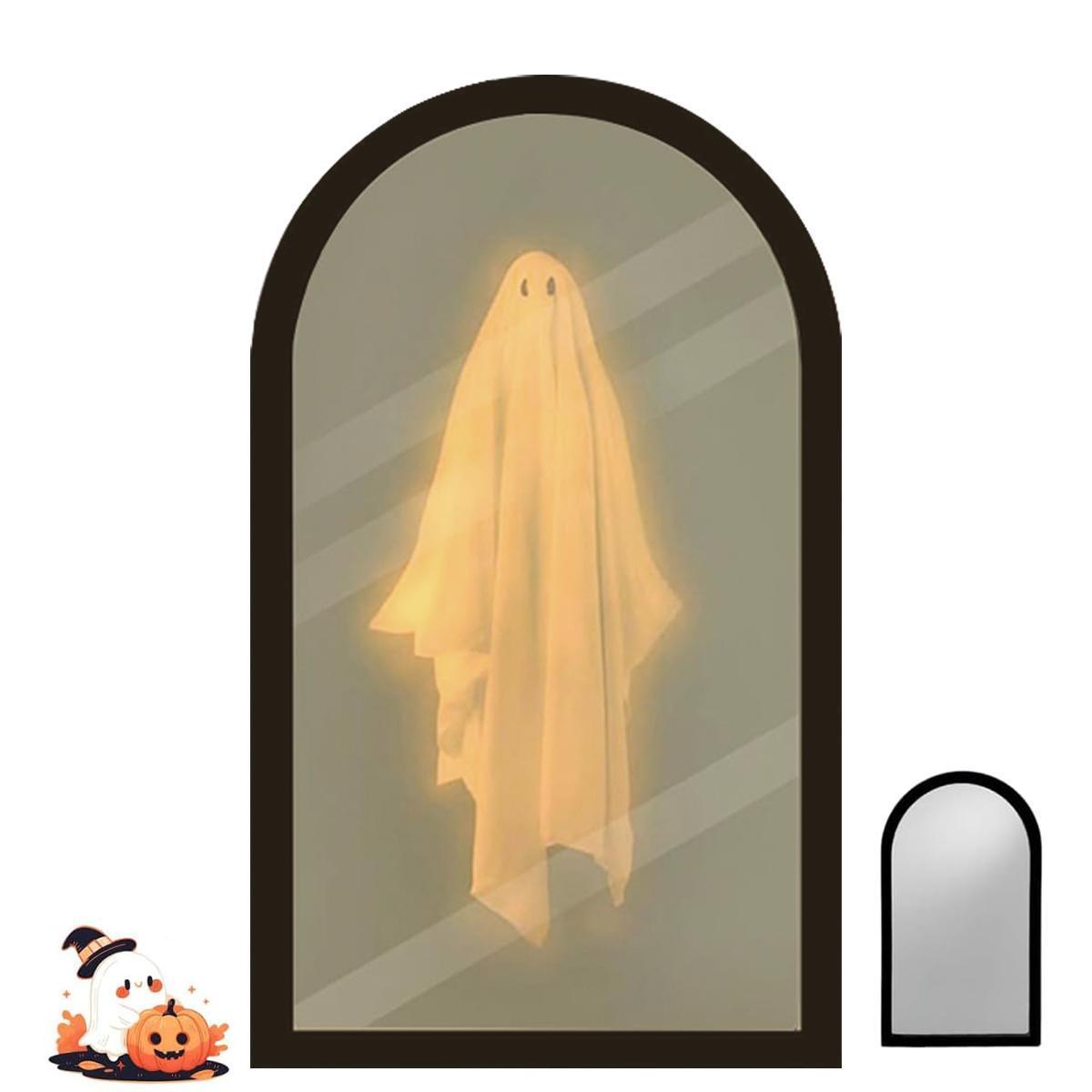 Ghost Mirror Halloween Decor – LED Holographic Ghost Illusion Mirror, 2-in-1 Daytime Mirror Nighttime Ghost, Spooky Tabletop Decoration for Mantel Shelf Party, Creepy Cute Gift for Kids Adults
