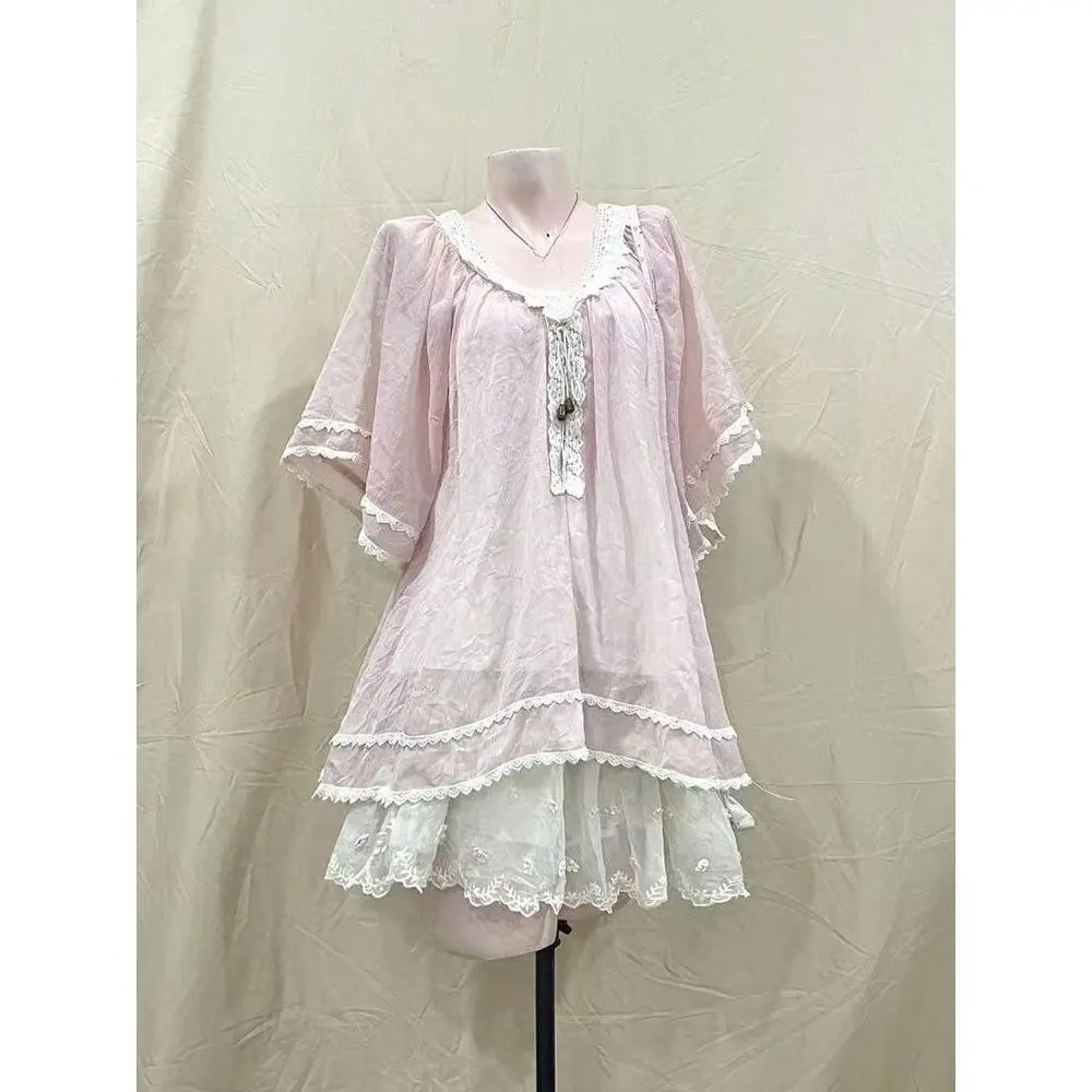 Sweet Kawaii Vintage Japanese Dress Women Y2K Beach Party 2-Piece Dress Set Casual Ruffle Lace Vacation Flowy Sheer Layered  New