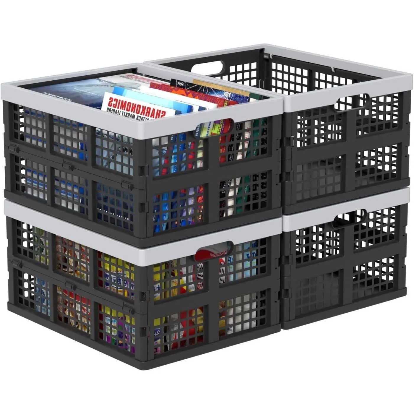 34 L Collapsible Storage Crate, Folding Plastic Crates, 4 Packs