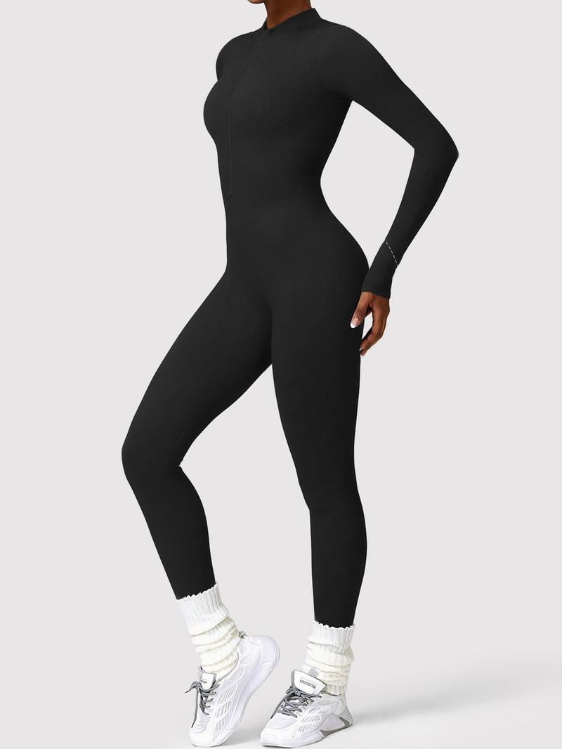 Women's Solid Color Zipper Long Sleeve Jumpsuit, Casual Sporty Comfortable One-Piece, Perfect for Yoga Gym Exercise, All Seasons Women's Sports Wear, Workout Jumpsuit