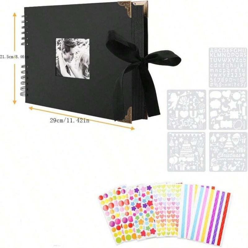 Spiral-Bound DIY Scrapbook Kit, Hardcover Photo Album with Ribbon Closure, Complete Set with Stickers & Stencils, Personalized Memory Journal for Weddings, Travel, Birthdays and Anniversaries