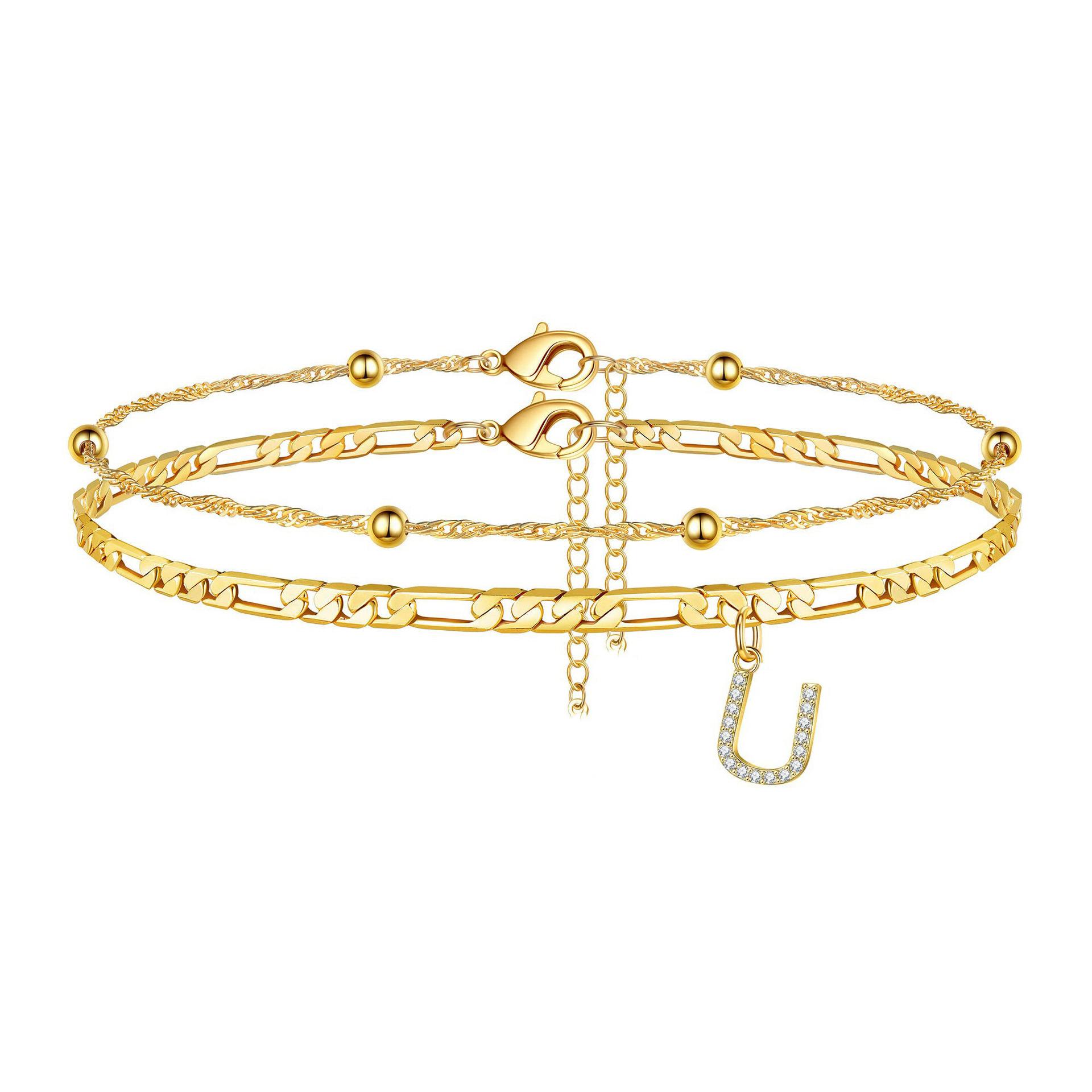 Trending 26-letter micro-inlaid zircon anklet with double-layer Cuban chain and layered beach ankle chain – fashionable and unique foot accessory