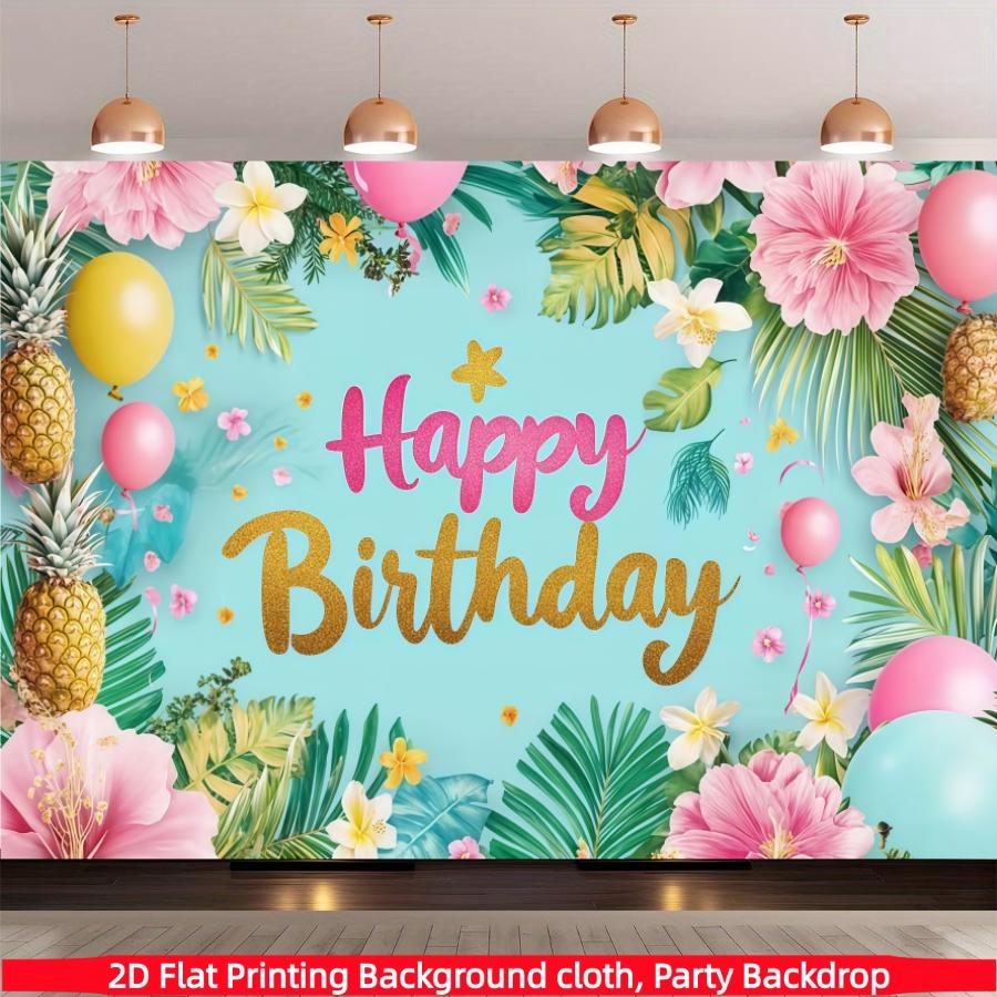 Hawaiian Birthday Party Backdrop Banner, Flamingo Palm Leaf Aloha Tropical Floral Theme, Polyester Material, Indoor Outdoor Party Decor