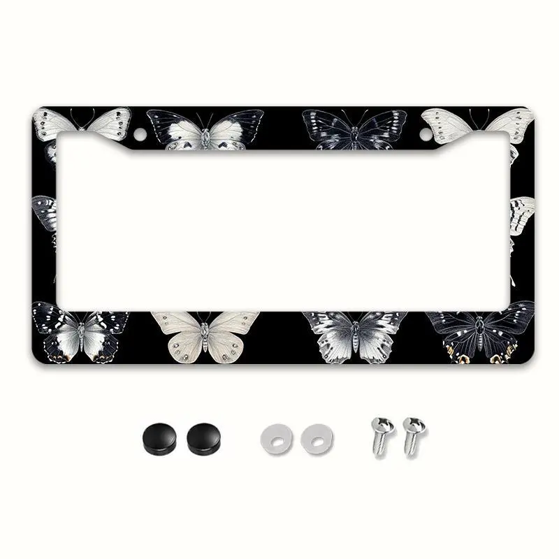 1 Piece Decorative Metal License Plate Frame 12 x 6 Inches Elegant White Butterfly Design Rust Proof Weather Resistant Pre Drilled Holes For Easy Installation With Installation Accessories Perfect For Easter Celebration Car Decoration