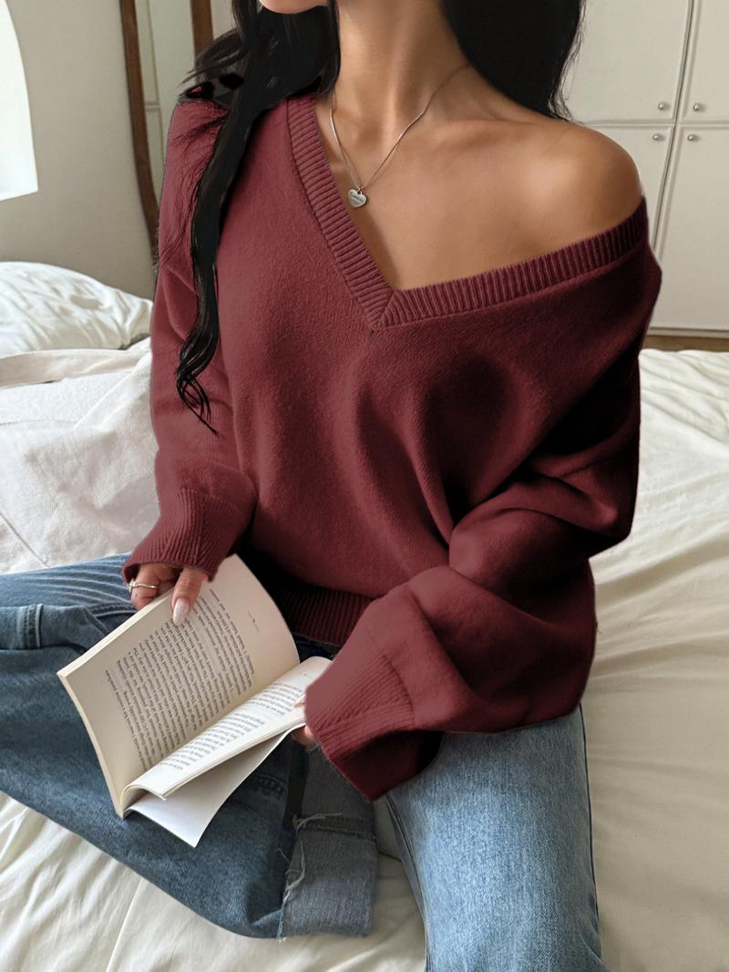 Pure Color Casual V-Neck Long Sleeve Loose Knit Sweater, Fitted Style for Fall, Comfortable and Stylish Women's Pullover