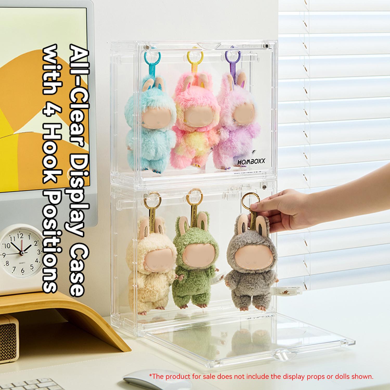 Plush Hanging Display Storage Box Set with 4 Transparent Hooks, 12-Piece Hook Kit, Dustproof Moisture-Proof, Stackable, Suitable for Pop Mart Collectibles